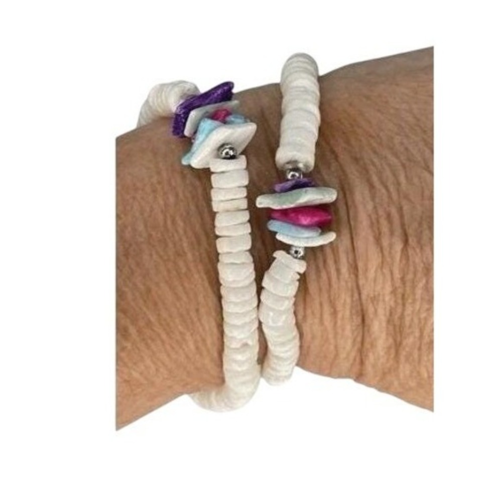 Vintage‎ Pukka Shell Bracelet Set Chunky Seashell White Green Pink Purple Beach